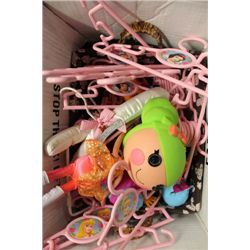 BOX OF KIDS HANGARS AND TOYS