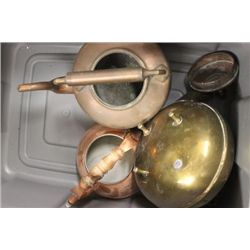BIN OF BRASS TEAPOTS