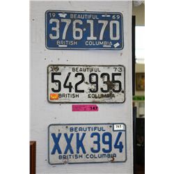 3 Vintage BC license plates - 1969, 73, 78
