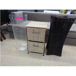 2 Oversized decorative vases & wicker storage unit