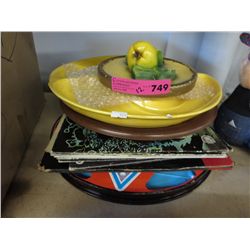 Vintage glazed ceramic lazy-susan & LP records