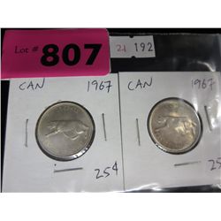 2x 1967 CDN .25 cent coins .800 silver