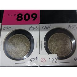 1952 & 1953 CDN .50 cent coins .800 silver