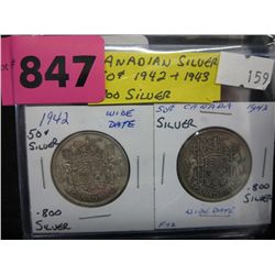 1942 & 1943 CDN silver 50 cent pcs .800 silver