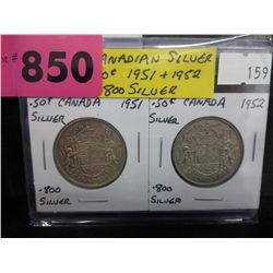1951 & 1952 CDN silver 50 cent pcs .800 silver