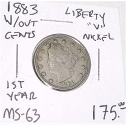 1883 W/OUT CENTS *1ST YEAR* LIBERTY "V" NICKEL *RARE MS-63 HIGH GRADE* RED BOOK VALUE IS $175.00+!!