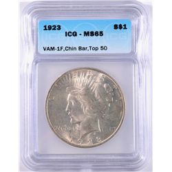 1923 PEACE SILVER DOLLAR, ICG MS-65 BLAST WHITE! VAM 1F