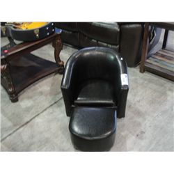CHILD SIZE BROWN LEATHER TUB CHAIR WITH MATCHING FOOTSTOOL