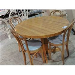 ROUND BUTCHER BLOCK STYLE SINGLE PEDASTAL DINETTE TABLE WITH 4 BENTWOOD CHAIRS
