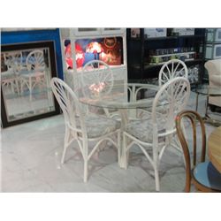 6PC WHITE WICKER RATTAN DINETTE SET; GLASS TOP TABLE WITH 4 CHAIRS AND MATCHING CHINA CABINET