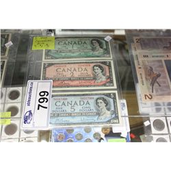 3 ROYAL CANADIAN MINT BANK NOTES; $1, $2, $5 - 1954