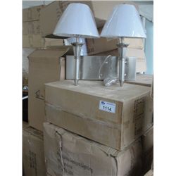 PALLET LOT OF 30 GALLANT SILVER DOUBLE LIGHTED WALL SCONCE LIGHT FIXTURES COMPLETE WITH SHADES
