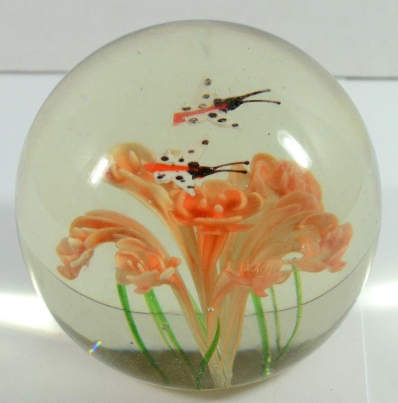 Glass Paperweight Butterflies & Flowers