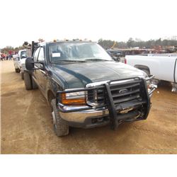 1999 FORD F350 CREWCAB 4X4 FLATBED PICKUP, S/N 1FTWW33F9X3302218, POWERSTROKE DIESEL ENG, 5 SPD TRAN