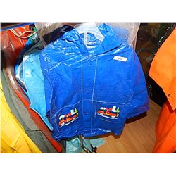 RAIN GEAR - KIDS COAT - BLUE WITH TRAINS - SIZE 0 RETAIL $20 - BUY NOW IN HOUSE - $10 EA SET