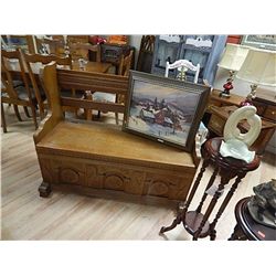 GERMAN SOLID OAK CARVED HALL BENCH WITH STORAGE