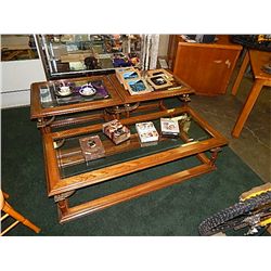 OAK AND GLASS COFFEE TABLE SET - 3 PC TOTAL