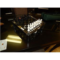 GLASS & METAL CHESS BOARD - (MISSING 2 MEN)