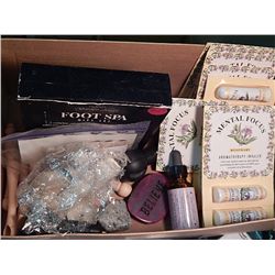 BOX OF ASSORTED AROMATHERAPY ITEMS, FOOT CARE PACK AND MORE