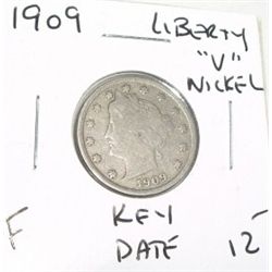1909 *RARE KEY DATE* LIBERTY "V" NICKEL RED BOOK VALUE $12.00+ *RARE EARLY FINE GRADE*!!