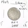 Image 1 : 1909 *RARE KEY DATE* LIBERTY "V" NICKEL RED BOOK VALUE $12.00+ *RARE EARLY FINE GRADE*!!