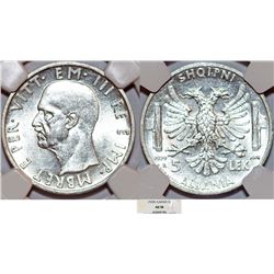 Albania as Italian Colony (1925-1939), Vittorio Emanuelle III. AR 5 Lek 1939-R. NGC AU58.