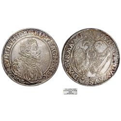 Austria. H.R.E. Joachimstal.  Emperor Rudolf II (1576-1612) AR Taler 1595. NGC XF40, toned.