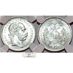 Austian Empire. Franc Josef I (1848-1916) AR 10 Kreuzer 1872. NGC MS65