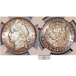 Dominicana Republic.  AR 1 Franco 1891A. NGC MS65!