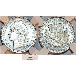 Dominicana Republic. AR 50 Centimos 1891A MS63