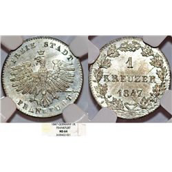 Germany. City of Frankfurt. AR 1 Kreuzer 1847. NGC MS64, sharp.