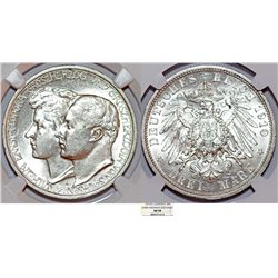 Germany. Saxe-Weimar-Eisenach. Wilhelm Ernst. AR 3 Mark 1910A "Royal Wedding". NGC AU58.