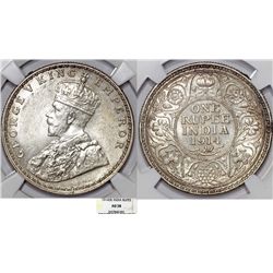 India. British Rule. Emperor George V. AR Rupee 1914B. NGC AU58