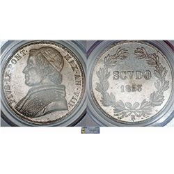 Italy. Papal State. Rome. Pius IX (1846-1878) AR Scudo 1853R (An VIII).  PCGS AU53, lusterous.