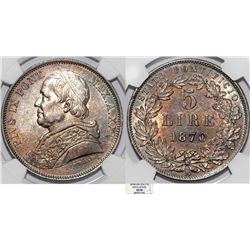 Italy. Papal State. Rome. Pius IX (1846-1878) AR 5 Lire 1870R (An XXV).  NGC AU58, great toning over