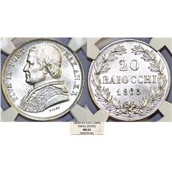Italy. Papal State. Rome. Pope Pius IX (1846-1878). AR 20 Baiocci 1865R (An XX). NGC MS63 , frosty  