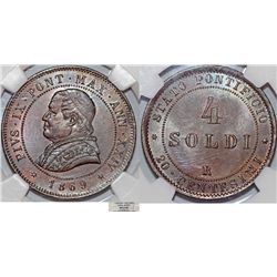 Italy. Papal State. Rome. Pope Pius IX (1846-1878). AE 4 Soldi 1869R (AN XXIV). NGC MS63 BN, just pe