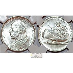 Italy. Papal State. Vatican City. Pope Pius XII (1939-1958). AR 5 Lire 1940 (An II). NGC MS64.