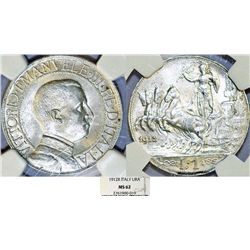 Italy. Kingdom. Vittorio Emanuele III (1900-1946). AR 1 Lira 1912 R. NGC MS62, scarce in UNC