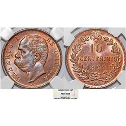 Italy. Kingdom. Umberto I (1878-1900). CU 10 Centesimi 1894-BI. NGC MS64 RB