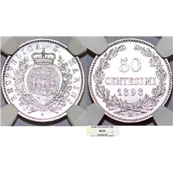 San Marino. Republic. AR 50 Centisimi 1898R. NGC MS65, Choice BU!