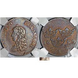 Sweden. King Carl IX (1660-1697). AR 2 Mark 1669. NGC VF30, toned