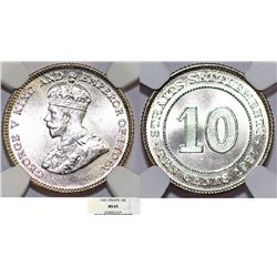 Straits Settlements. George V (1910-1936). AR 10 Cents 1927. NGC MS65, Nice BU