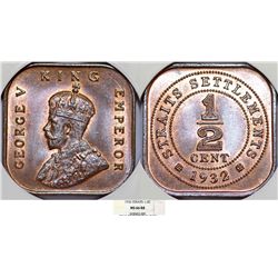 Straits Settlements. George V (1910-1936). AE 1/2 Cent 1932. NGC MS66 RB