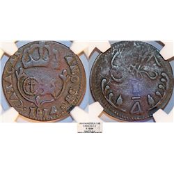 Venezuela. Caracas. Ferdinand VII - Provisional. Cu 1/2 Real 1814. NGC F15 BN, RARE.