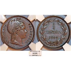 Venezuela. Republic. CU 1/4 Centavo 1843 WW. NGC AU58 BN.