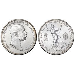AUSTRIAN EMPIRE. FRANC JOSEF I (1848-1916) BEAUTIFUL COMMEMORATIVE SILVER 5 CORONA 1908. AU