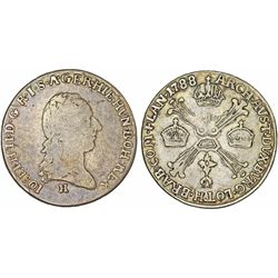 AUSTRIAN NETHERLANDS. BRUSSELS. EMPEROR JOSEF II. AR 1/4 KRONENTHALER 1788H. AVF