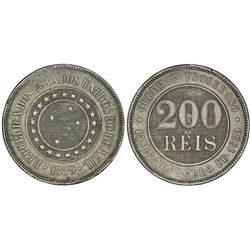 BRAZIL. REPUBLIC. 200 REIS 1889 R. AXF. RARE