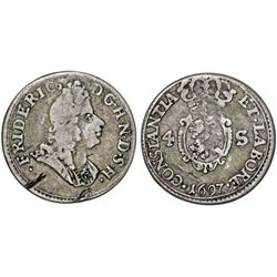 GERMANY. DANISH RULE: SCHLESWIG-HOLSTEIN. FREDERIC IV (1692-1702). SCARCE 4 SHILLING 1697. FINE+